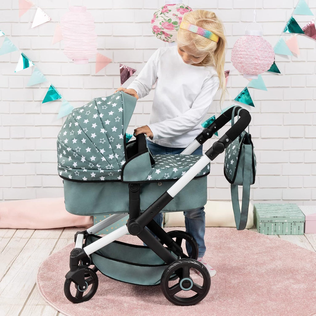 Stars Green & White Doll Pram with Handbag G4910