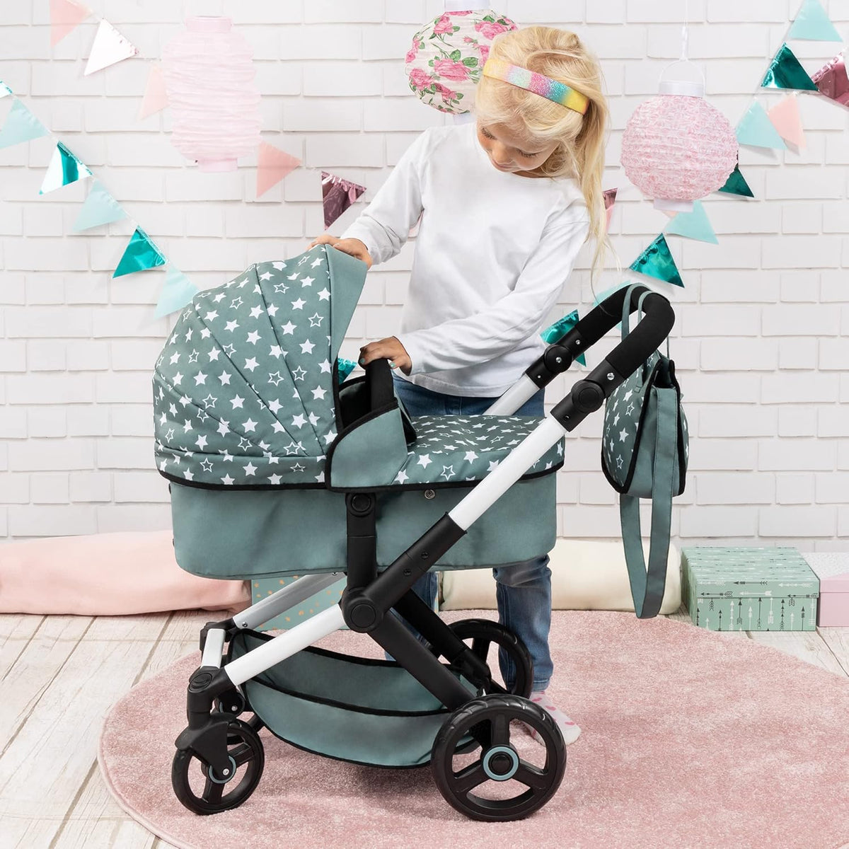 Stars Green & White Doll Pram with Handbag G4910