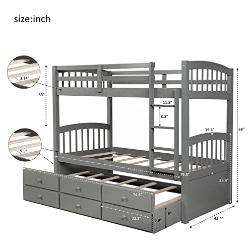 Twin Over Twin Solid Wood Bunk Bed with Storage Drawers and Trundle (Espresso) A65918