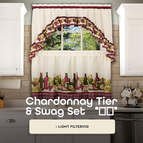 Light Filtering Printed Tier & Swag Window Curtain Set, 57 Inch Length, 24 Inch Width, Chardonnay, Machine Washable S8305