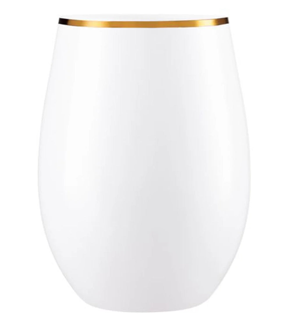 Stemless Plastic Wine Goblet 16 oz White Gold Rim Pack of 24 G5247