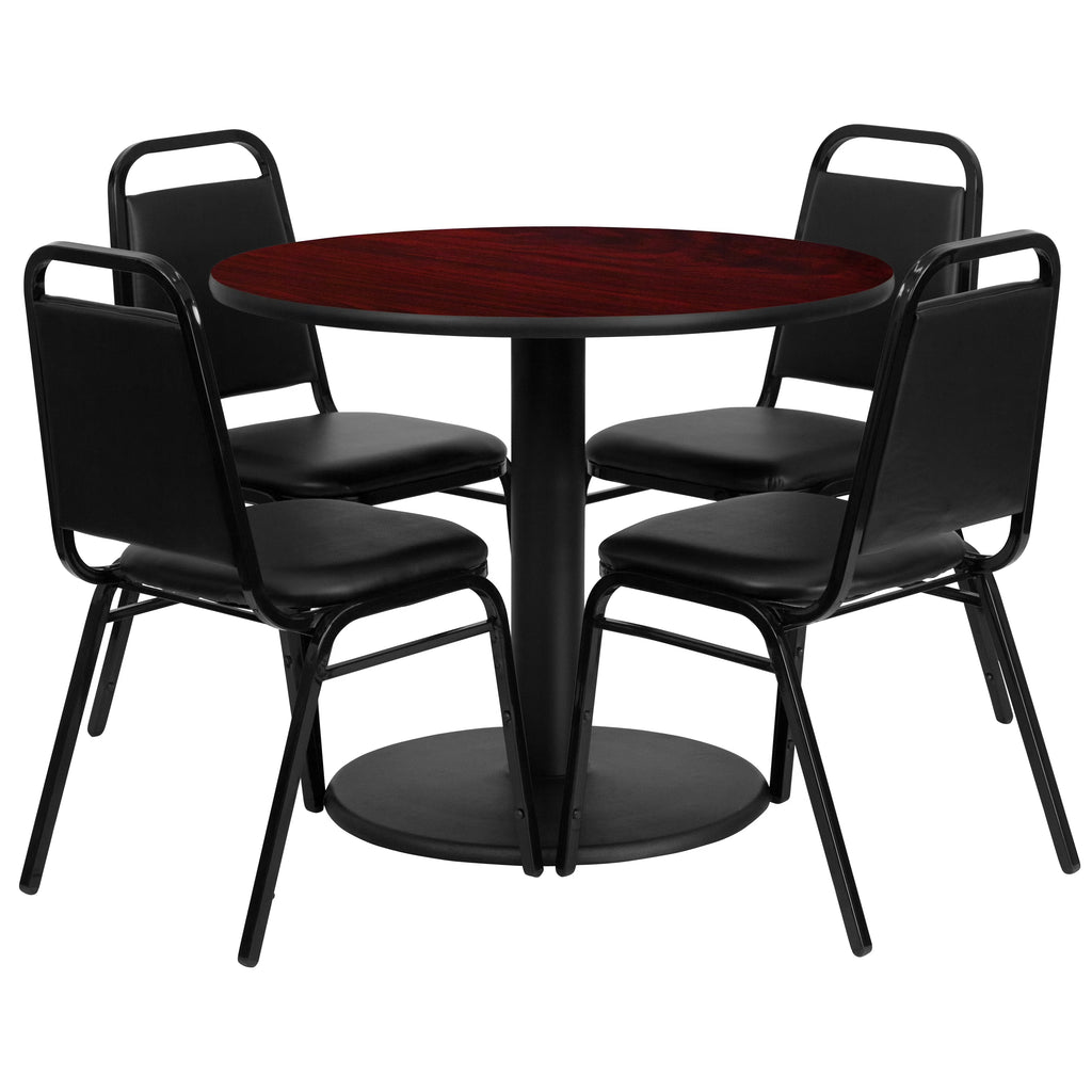 Mahogany Laminate Table Set with 4 Black Banquet Chairs I6577