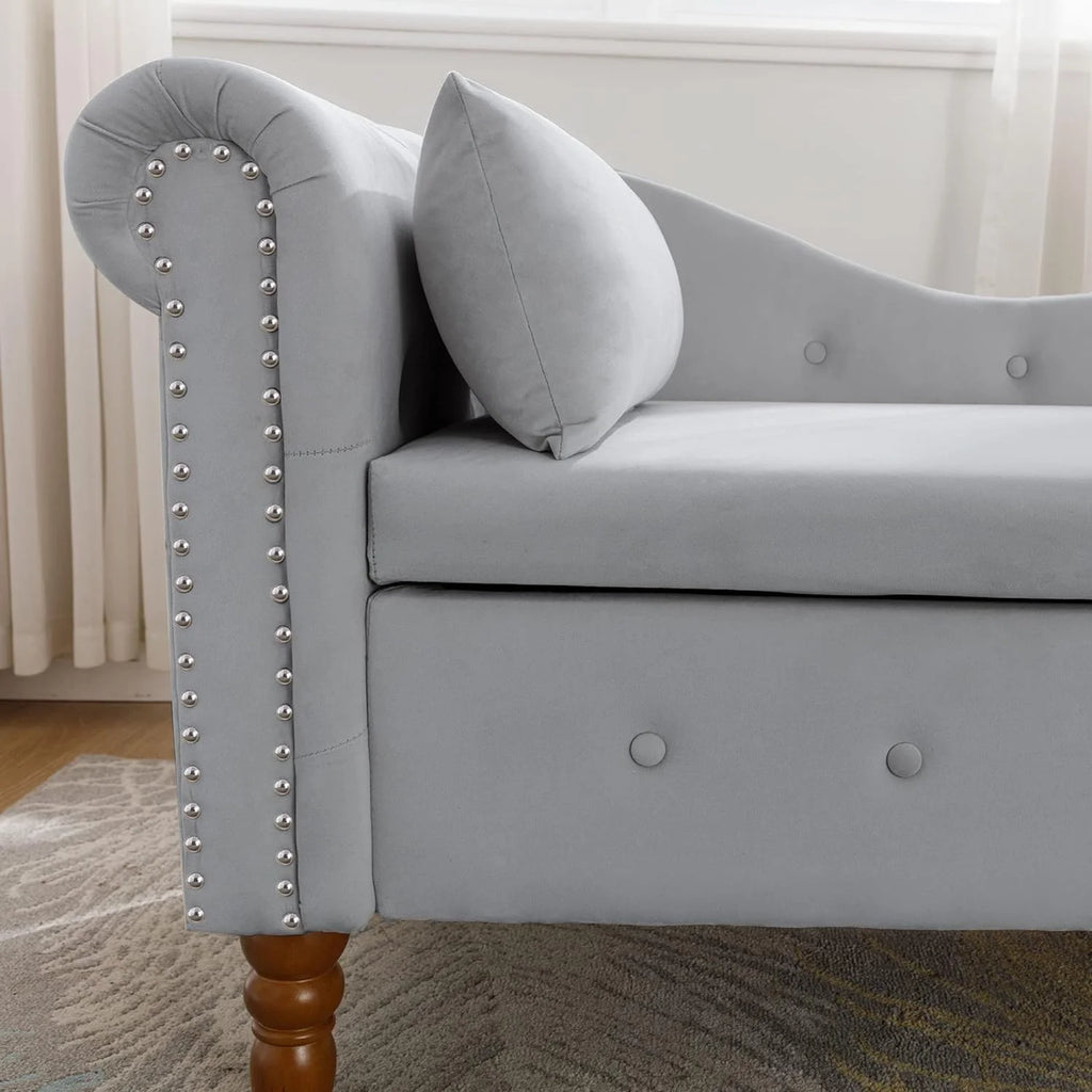 Grey Velvet Chaise Lounge Chair with Storage & Pillow R899