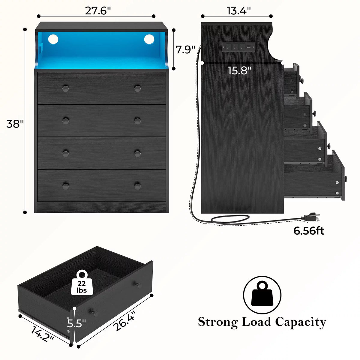 Black 4 Drawer Dresser with LED Lights and Charging Station Q569252