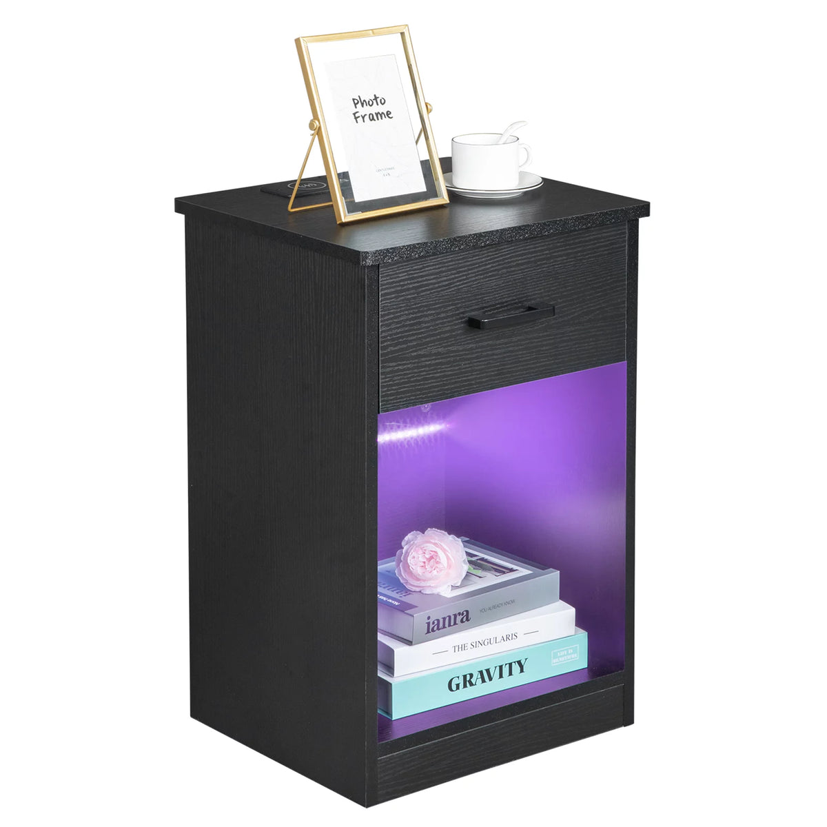 Black Wooden Nightstand with Drawer O79574