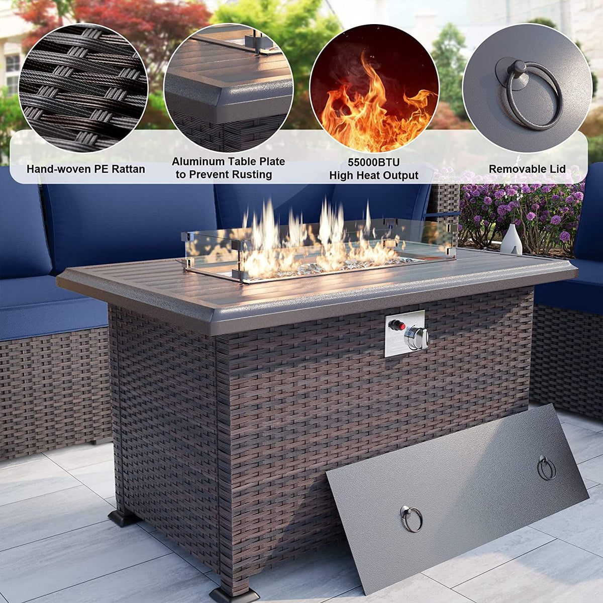 15 Pieces Outdoor Patio Furniture Set with Propane Fire Pit Table Navy Blue Y672