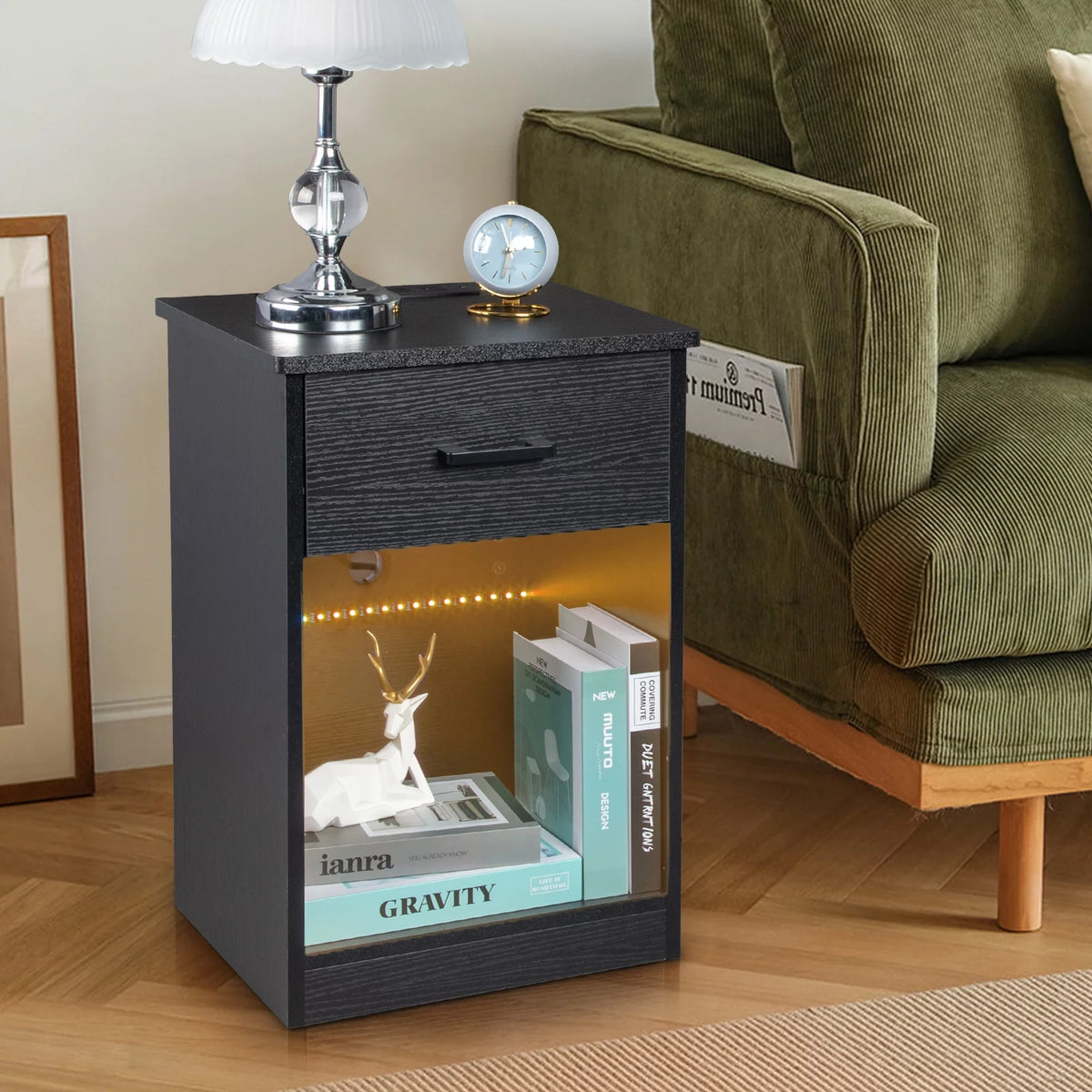Black Wooden Nightstand with Drawer O79574