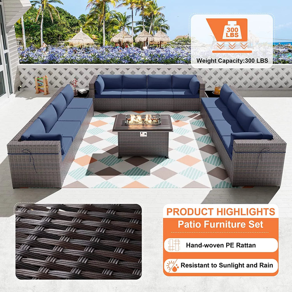 15 Pieces Outdoor Patio Furniture Set with Propane Fire Pit Table Navy Blue Y672