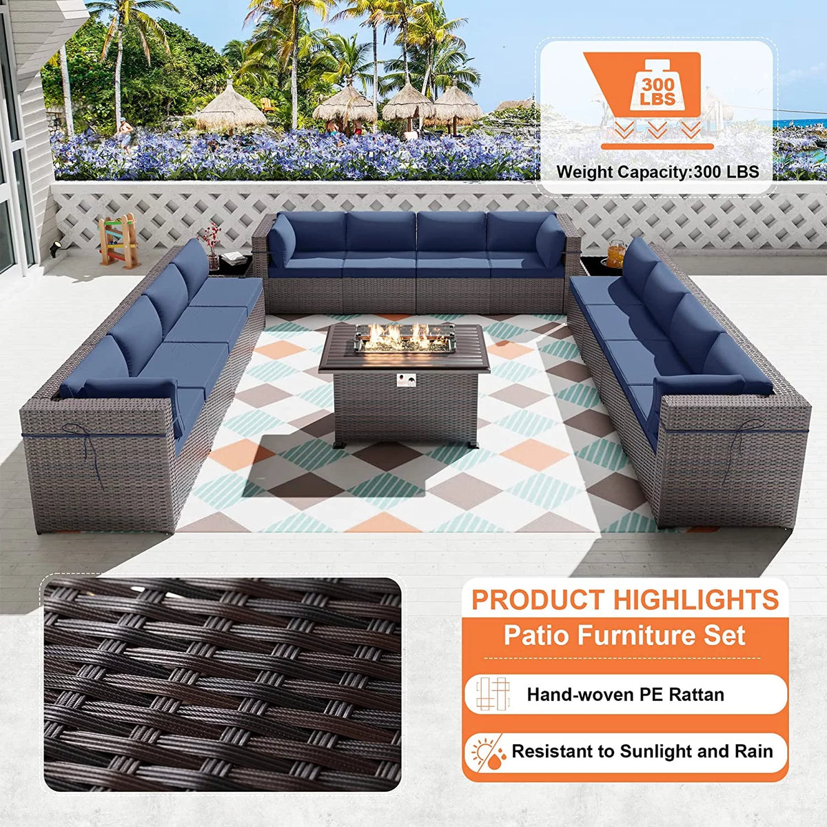 15 Pieces Outdoor Patio Furniture Set with Propane Fire Pit Table Navy Blue Y672