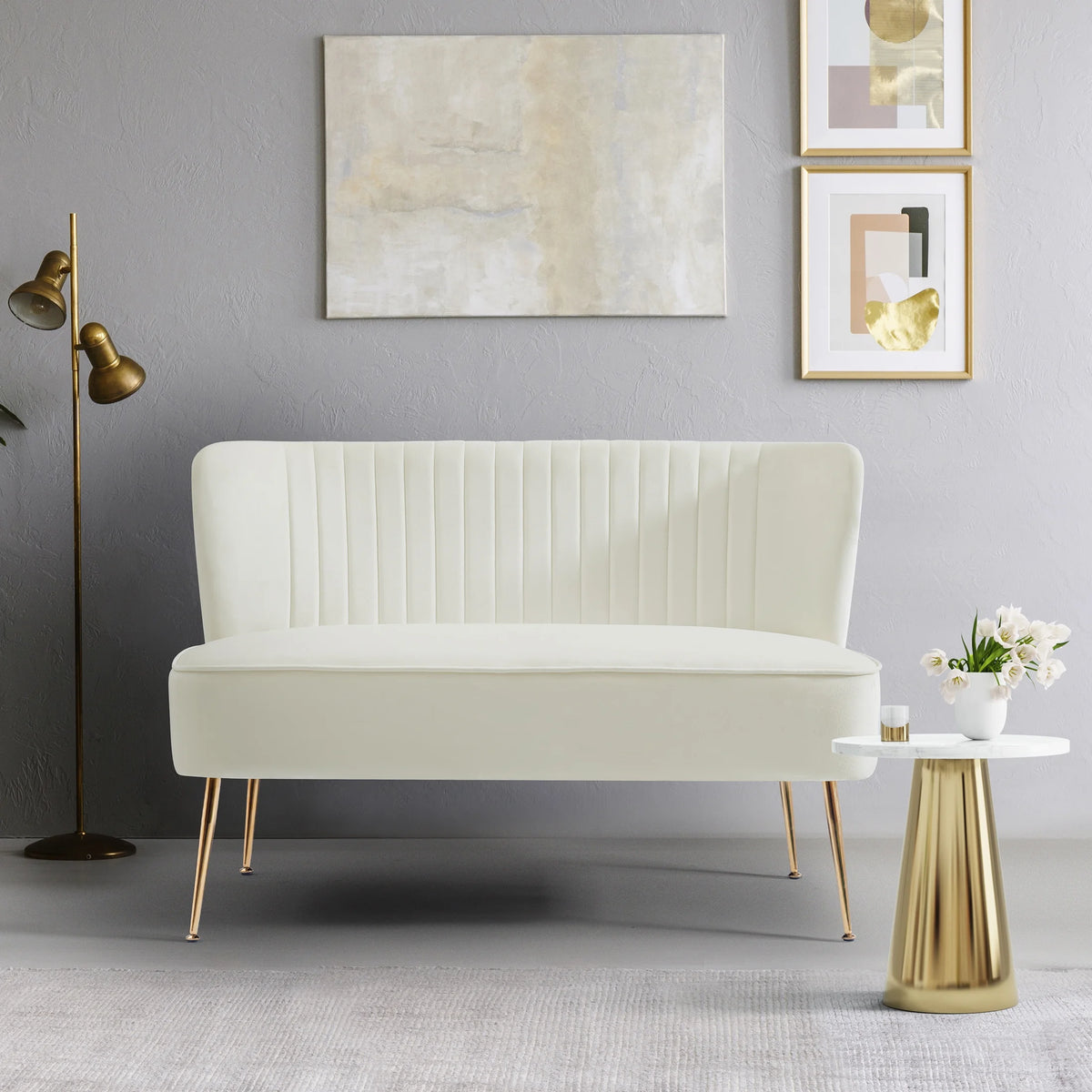46" Wide Ivory Velvet Upholstered Love Seat Sofa Q2020