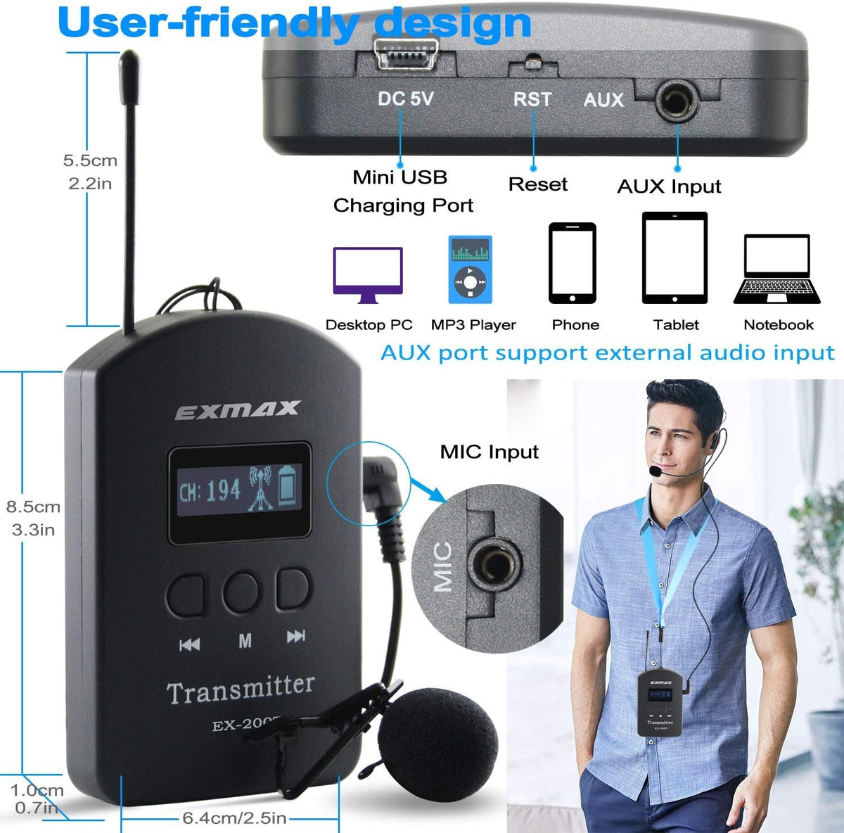 UHF Wireless Tour Guide Translation System, 200 Channels, 1 Transmitter & 10 Receivers & 16-port USB Charge Station U39272