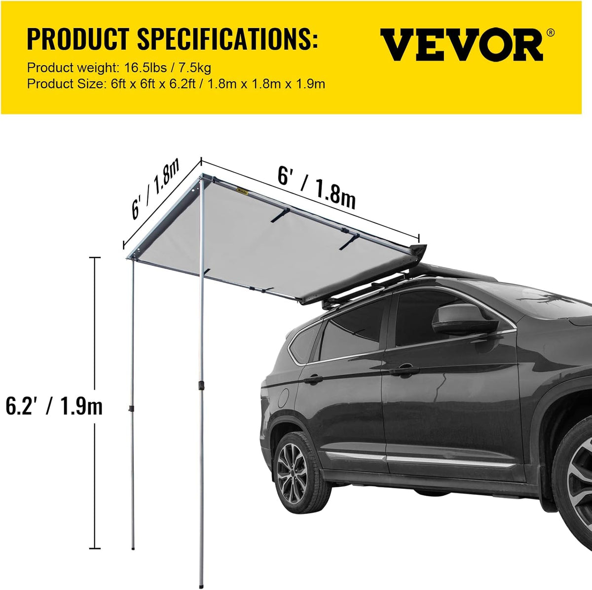 Grey 6'x6' Retractable Vehicle Awning with Carry Bag Q65301