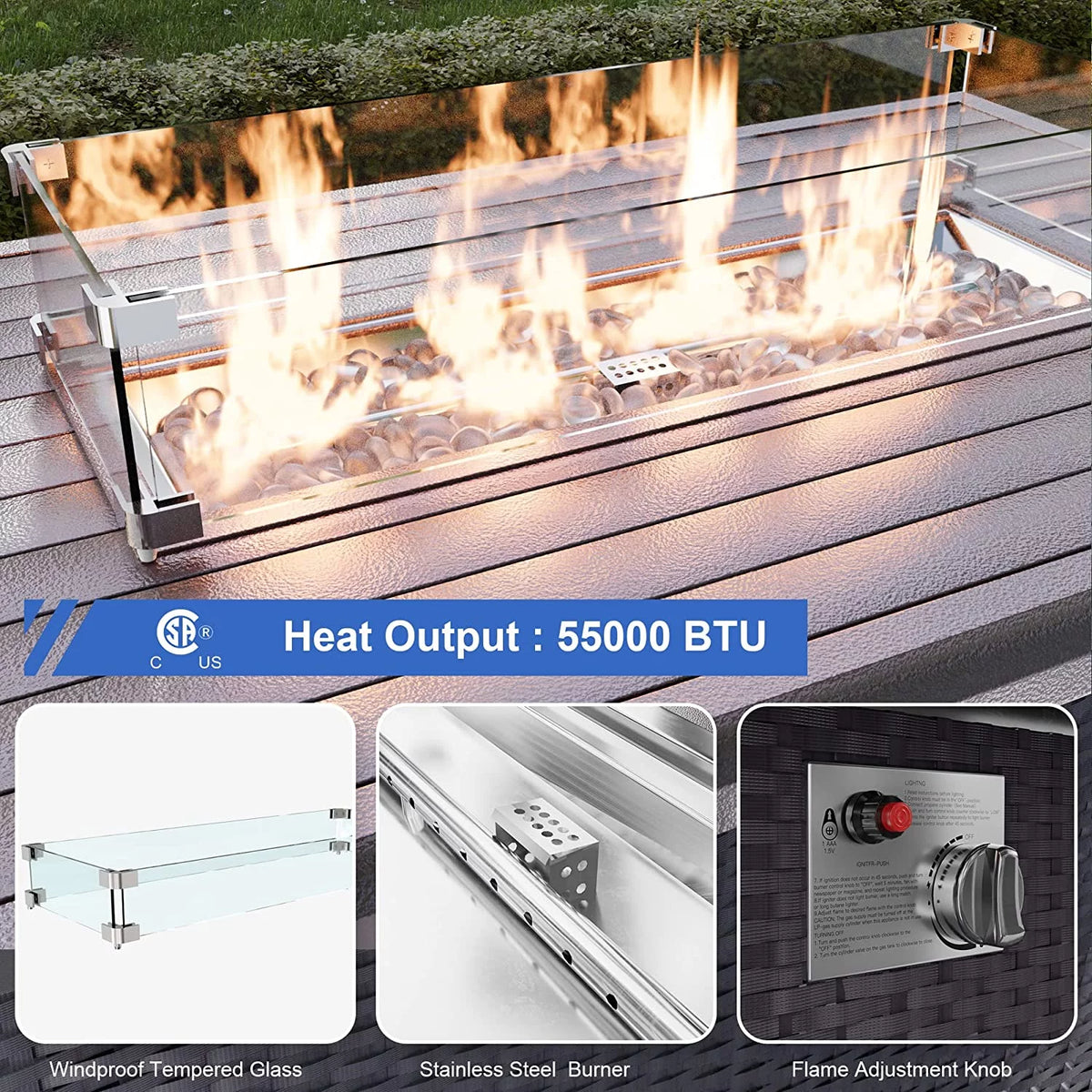 15 Pieces Outdoor Patio Furniture Set with Propane Fire Pit Table Navy Blue Y672