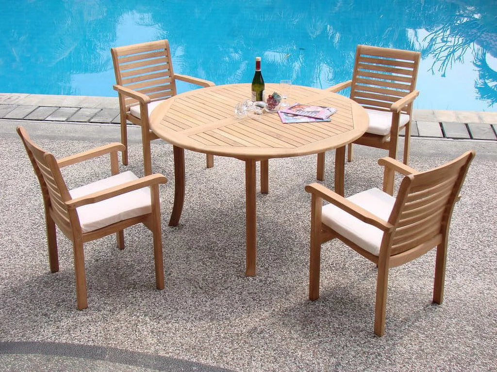 5 Pc Teak Dining Set with Round Table and 4 Stacking Arm Chairs U5425
