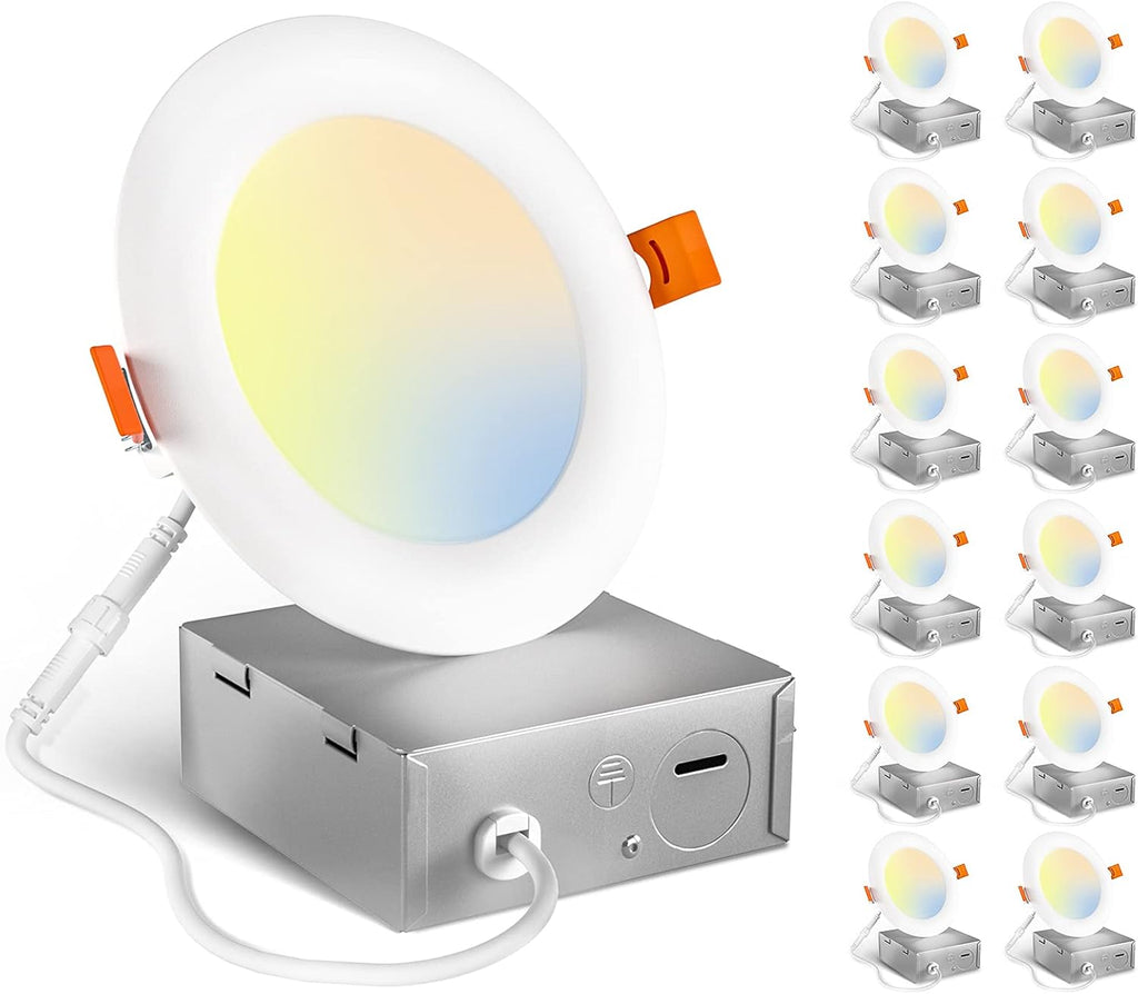 12 Pack 4 Inch Ultra-Thin LED Recessed Light with Junction Box, 3000K/4000K/5000K Selectable, 10W Eqv 60W, Dimmable Downlight O408956