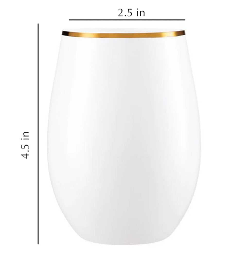 Stemless Plastic Wine Goblet 16 oz White Gold Rim Pack of 24 G5247