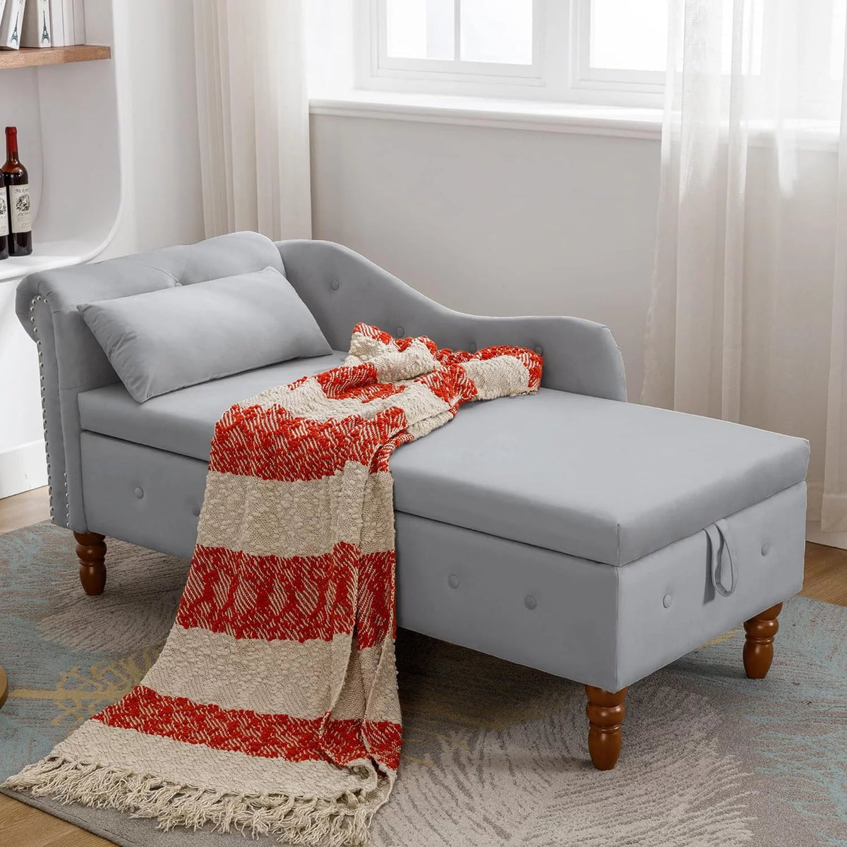 Grey Velvet Chaise Lounge Chair with Storage & Pillow R899