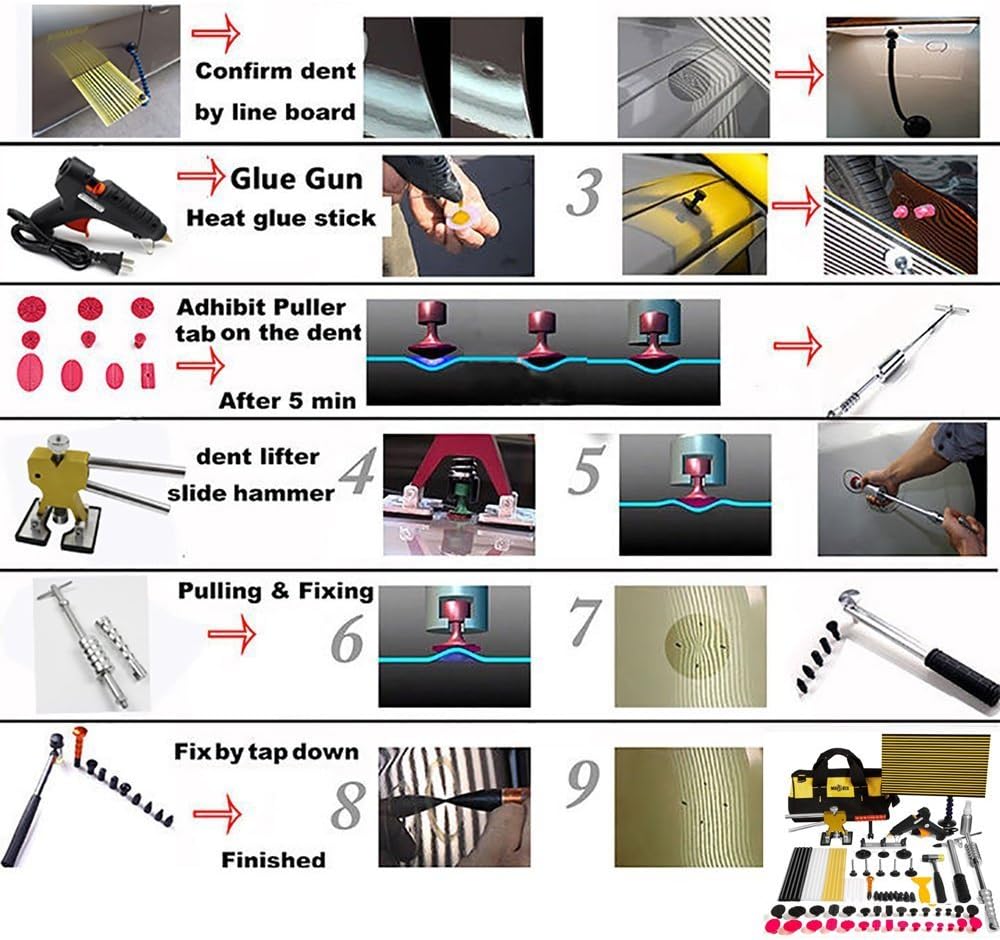 Paintless Dent Repair Kit 77PCS with Golden Dent Lifter, Slider Hammer, Bridge Dent Puller Kit N54562