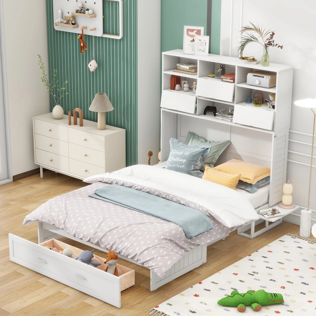 White Queen Size Murphy Bed with Charging Station and Shelf O797