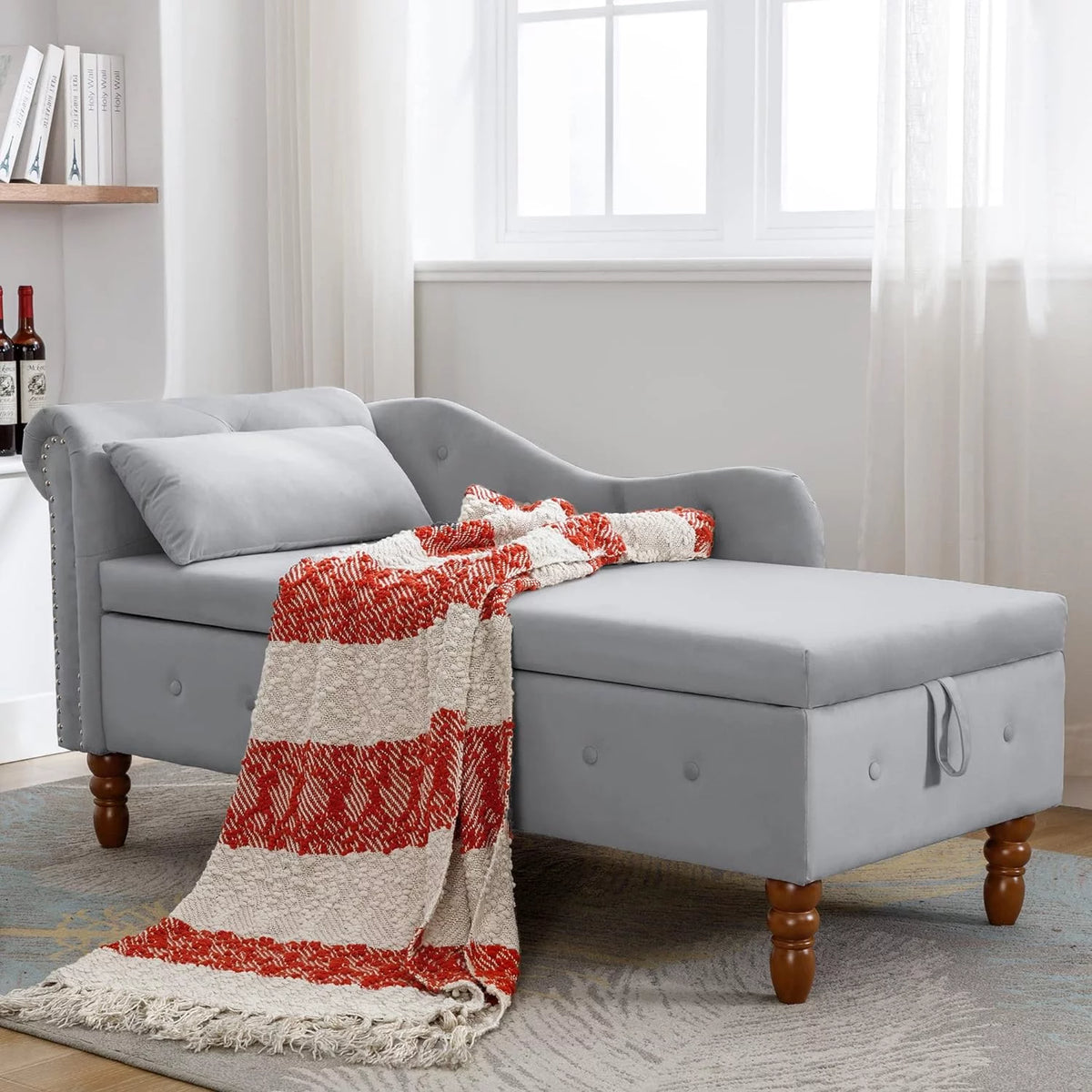 Grey Velvet Chaise Lounge Chair with Storage & Pillow R899