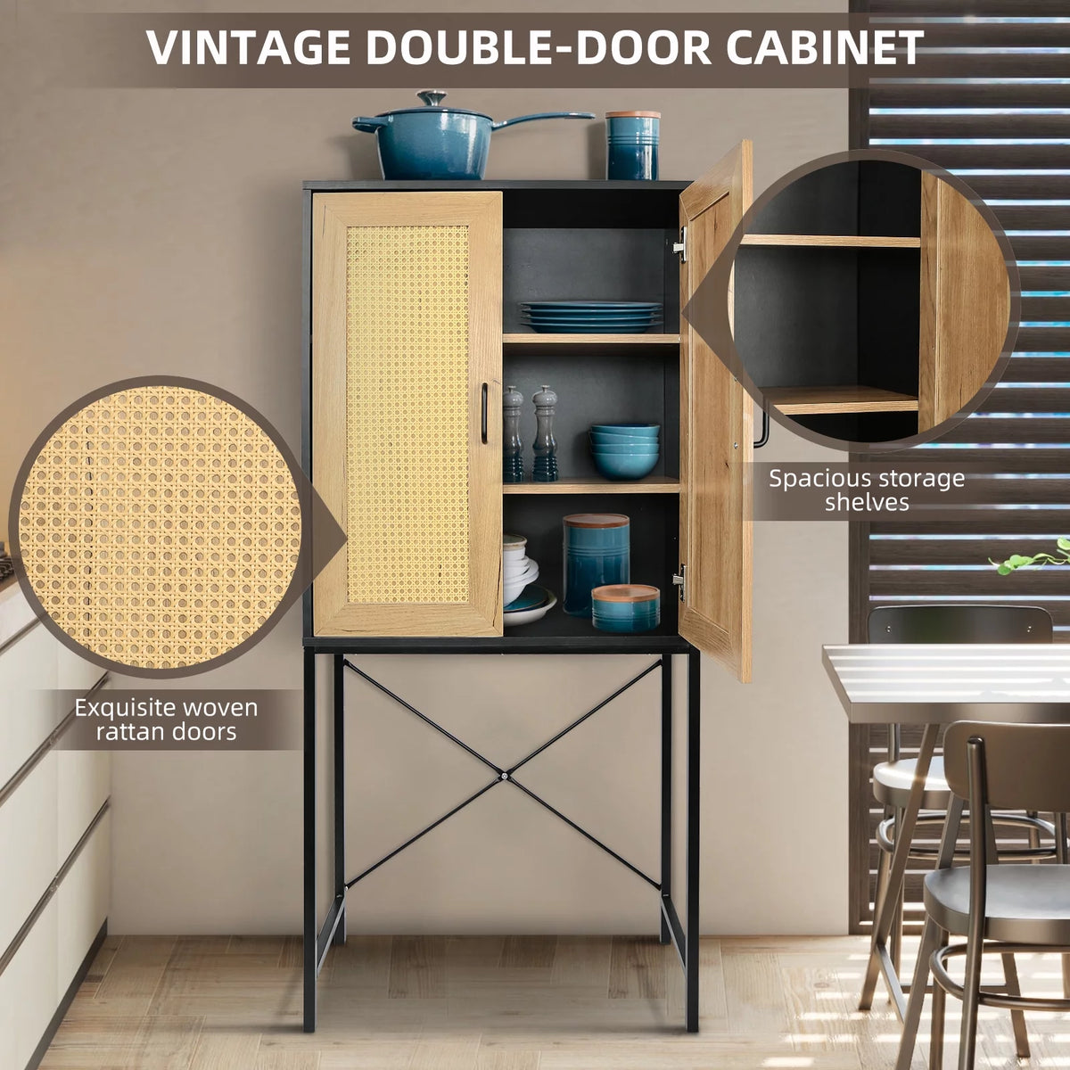 Wooden Cabinet with 2 Rattan Doors and 3-Tier Shelving S15010
