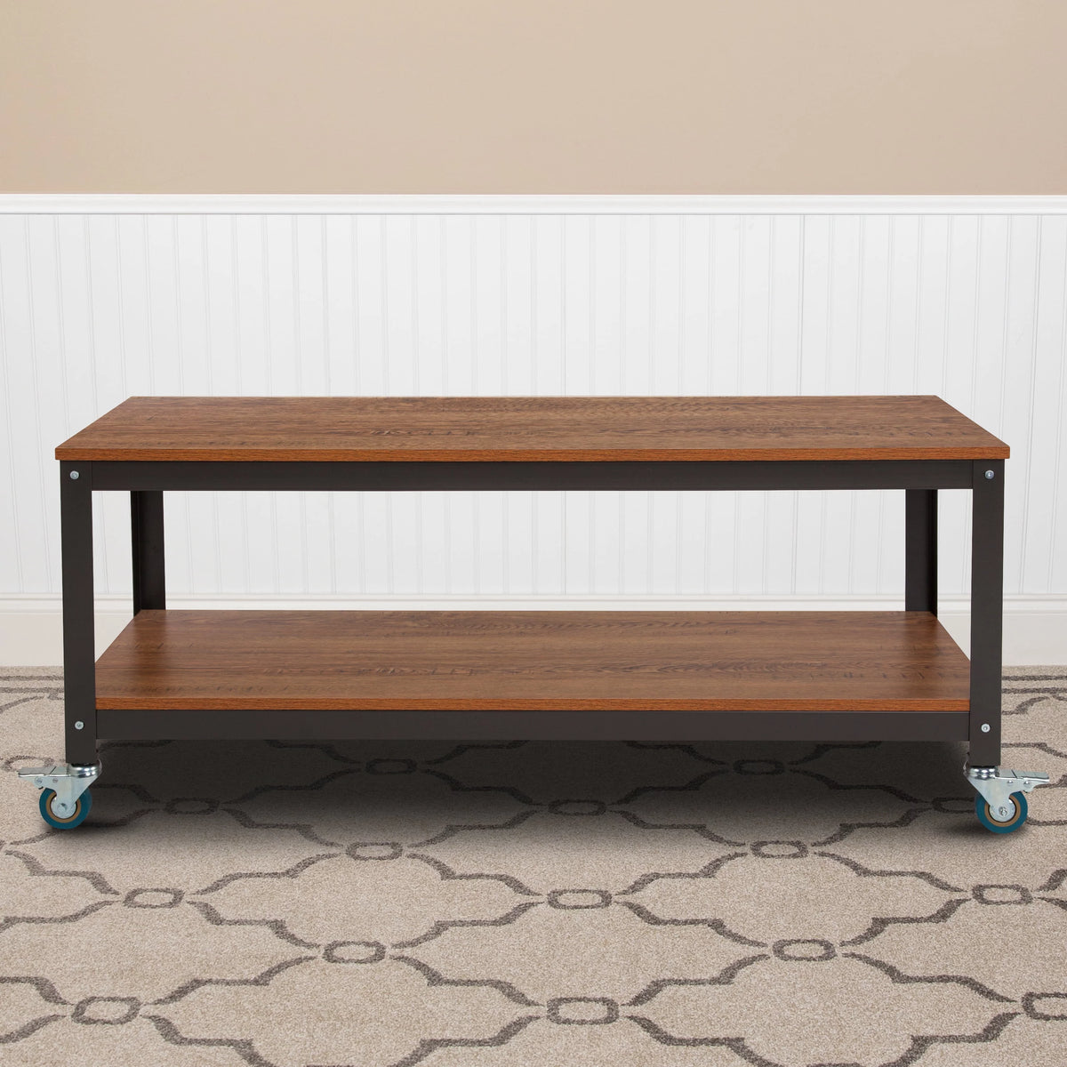 Brown Oak Wood Grain TV Stand with Metal Wheels A5085