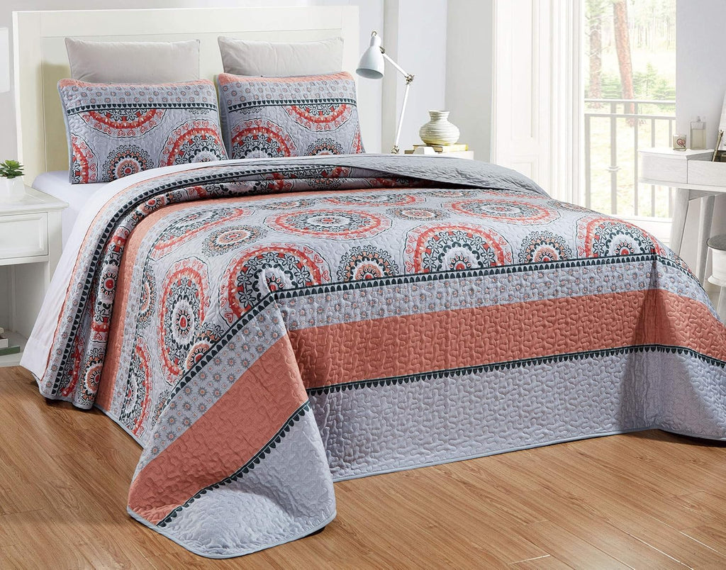Terracotta Red Grey Black Medallion Oversize Cal King Size Quilt Set B846