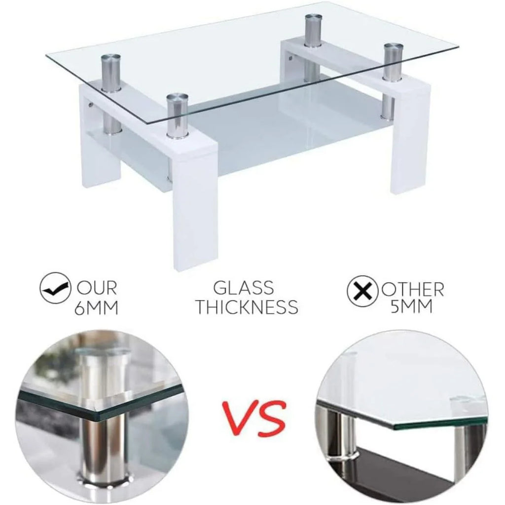 Glass Top White Coffee Table with Lower Shelf R719048