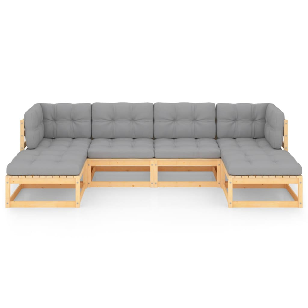 6 Piece Gray Cushioned Corner Sofa and 2 Middle Sofas with 2 Footstool Pinewood Sectional Outdoor Furniture Set K1903