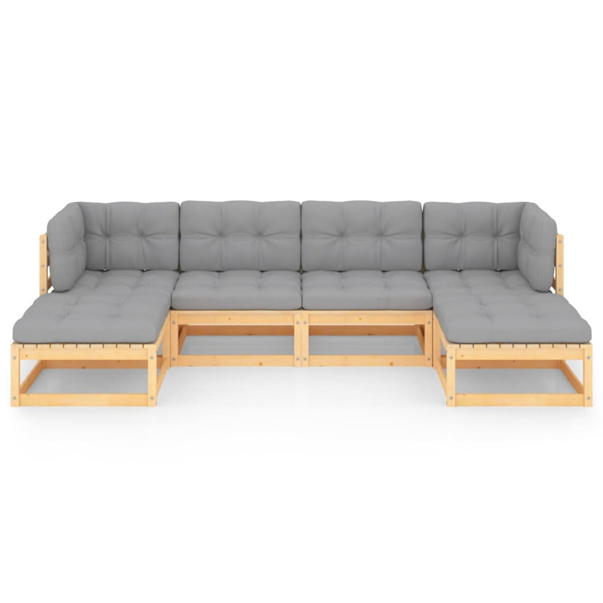 6 Piece Gray Cushioned Corner Sofa and 2 Middle Sofas with 2 Footstool Pinewood Sectional Outdoor Furniture Set K1903