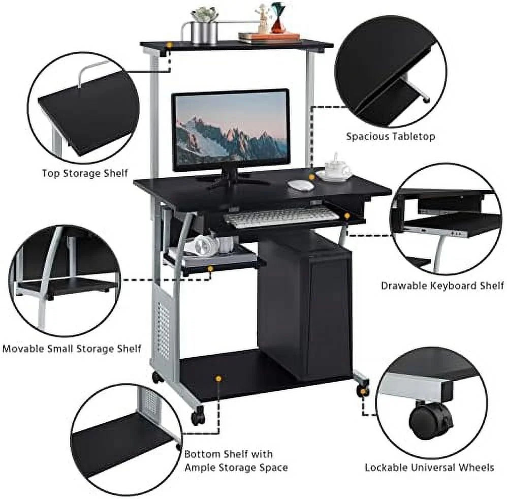 2 Tier Mobile Computer Desk with Printer Shelf Black F619