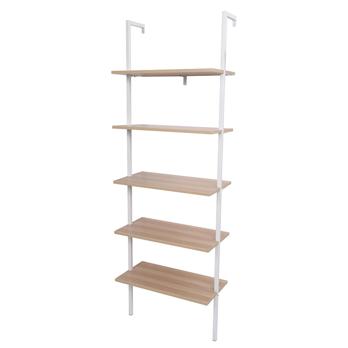 5-Shelf Wood Ladder Bookcase Walnut and White S90031