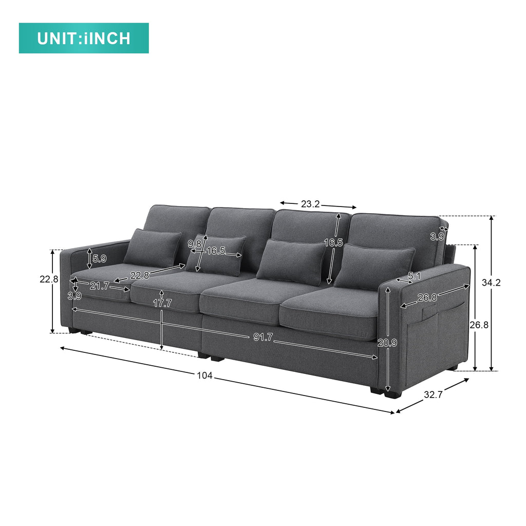 104" 4-Seater Linen Fabric Sofa with Armrest Pockets and 4 Pillows F45199