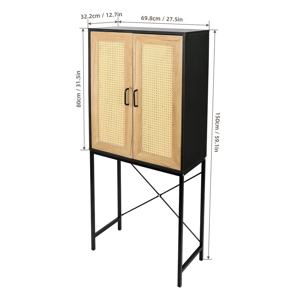 Wooden Cabinet with 2 Rattan Doors and 3-Tier Shelving S15010