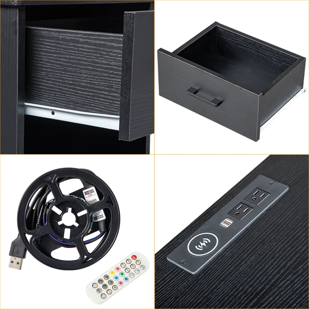 Black Wooden Nightstand with Drawer O79574