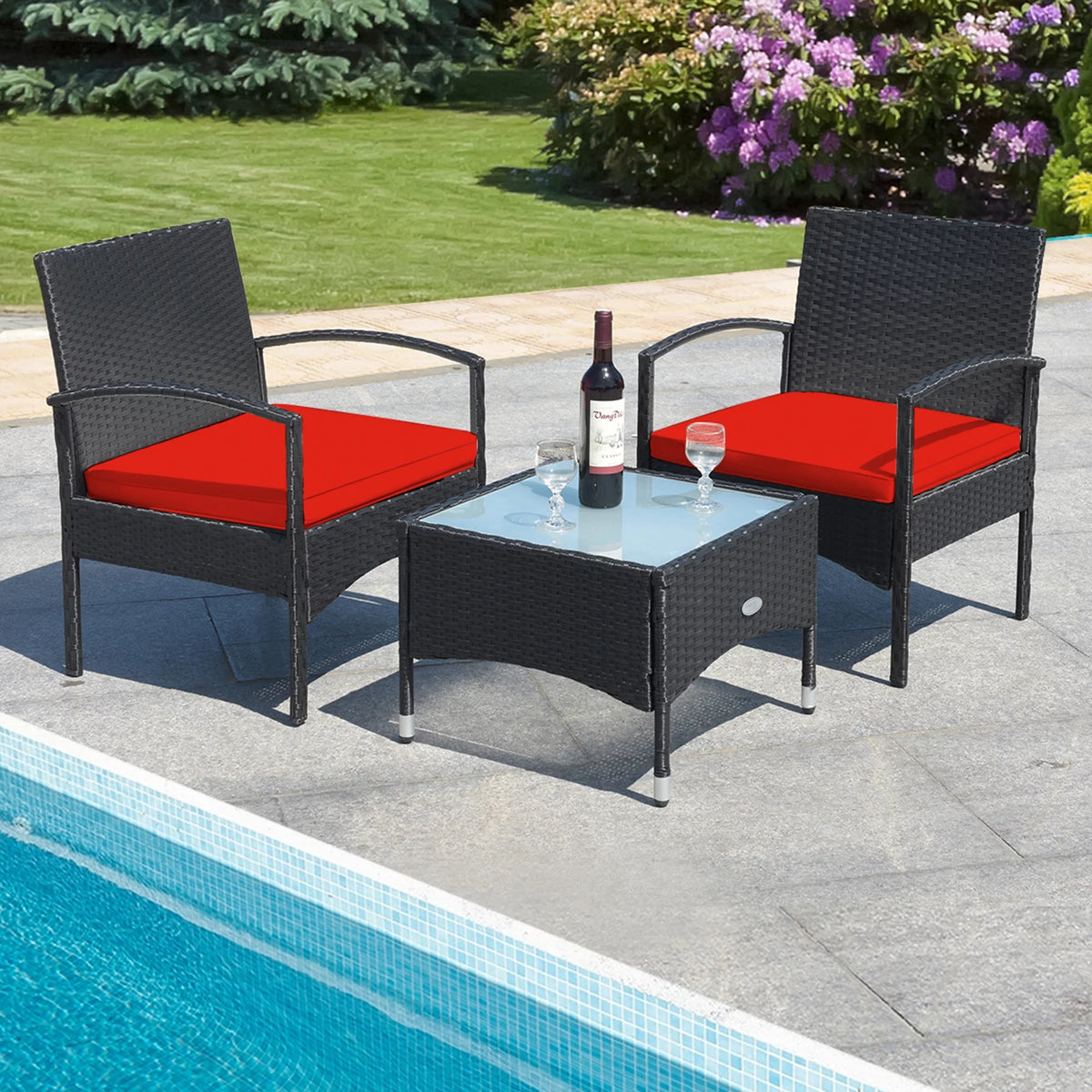 3 PCS Patio Wicker Rattan Furniture Set with Cushion V565