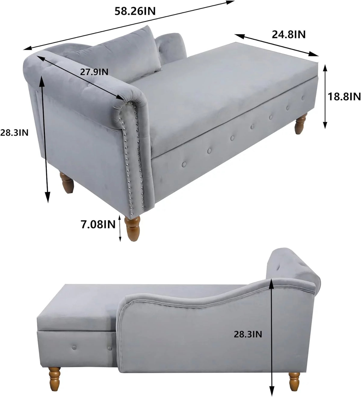 Grey Velvet Chaise Lounge Chair with Storage & Pillow R899