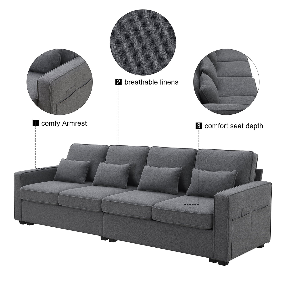 104" 4-Seater Linen Fabric Sofa with Armrest Pockets and 4 Pillows F45199