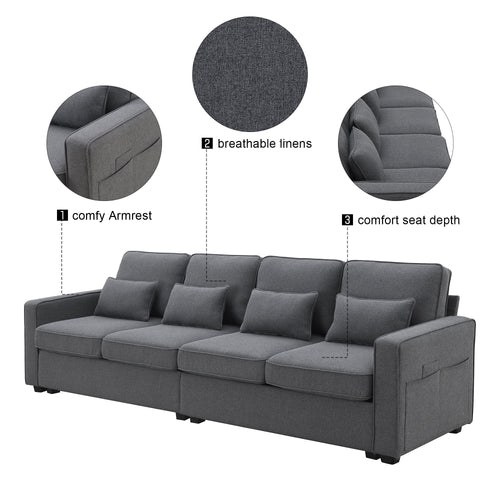 104" 4-Seater Linen Fabric Sofa with Armrest Pockets and 4 Pillows F45199