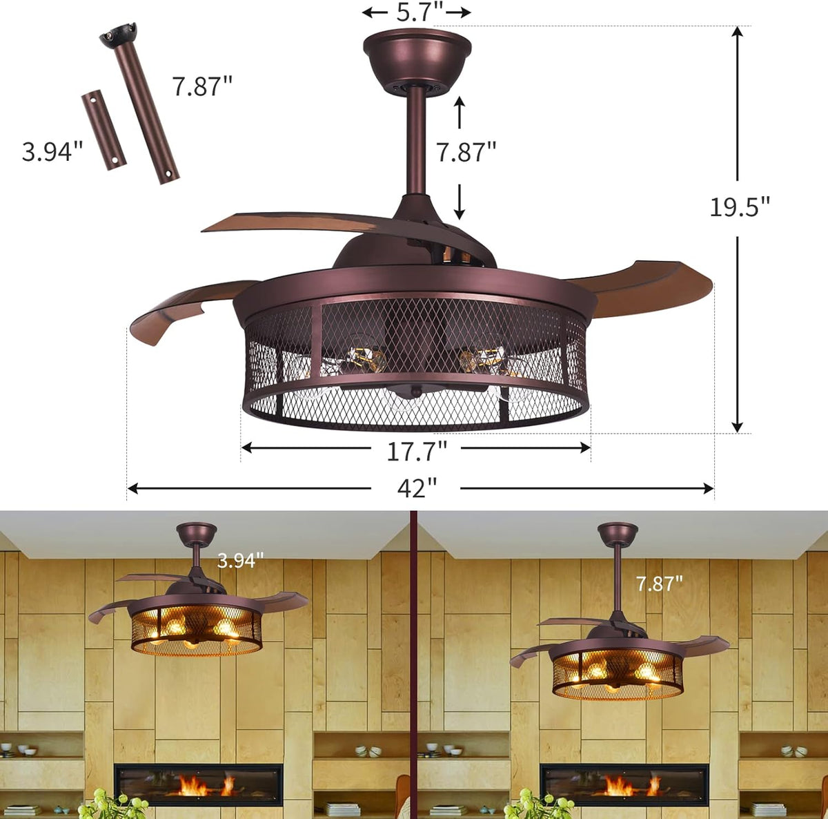 42 Industrial Ceiling Fan with Lights Remote Control Caged Low Profile X919027