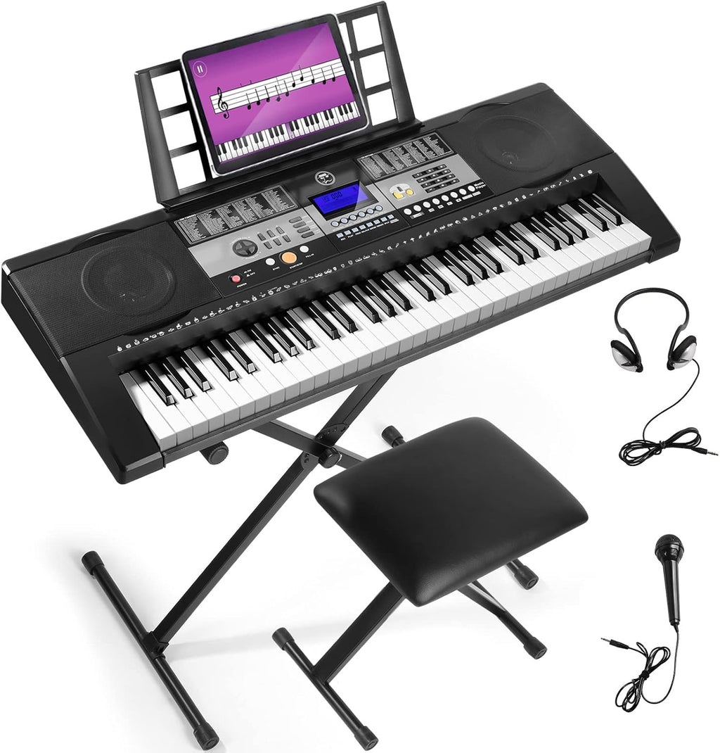 61 Key Portable Touch Sensitive Electric Piano Keyboard with Stand, LCD Display, Bench, Headphones, Microphone and Power Adapter U81117