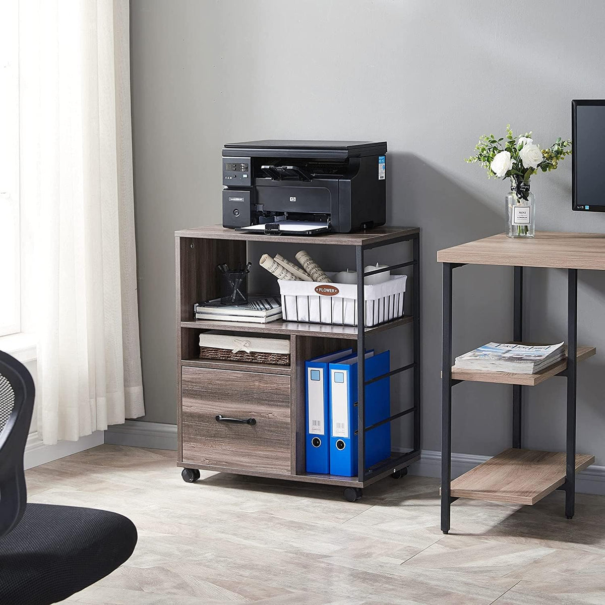 Retro Grey Mobile File Cabinet with Drawer J347