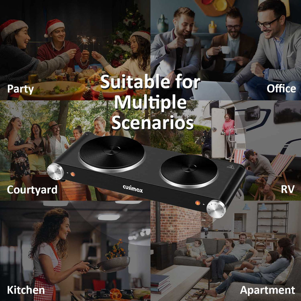 1800W Portable Electric Double Burner Cast Iron Cooktop with 7 Power Levels Z40573