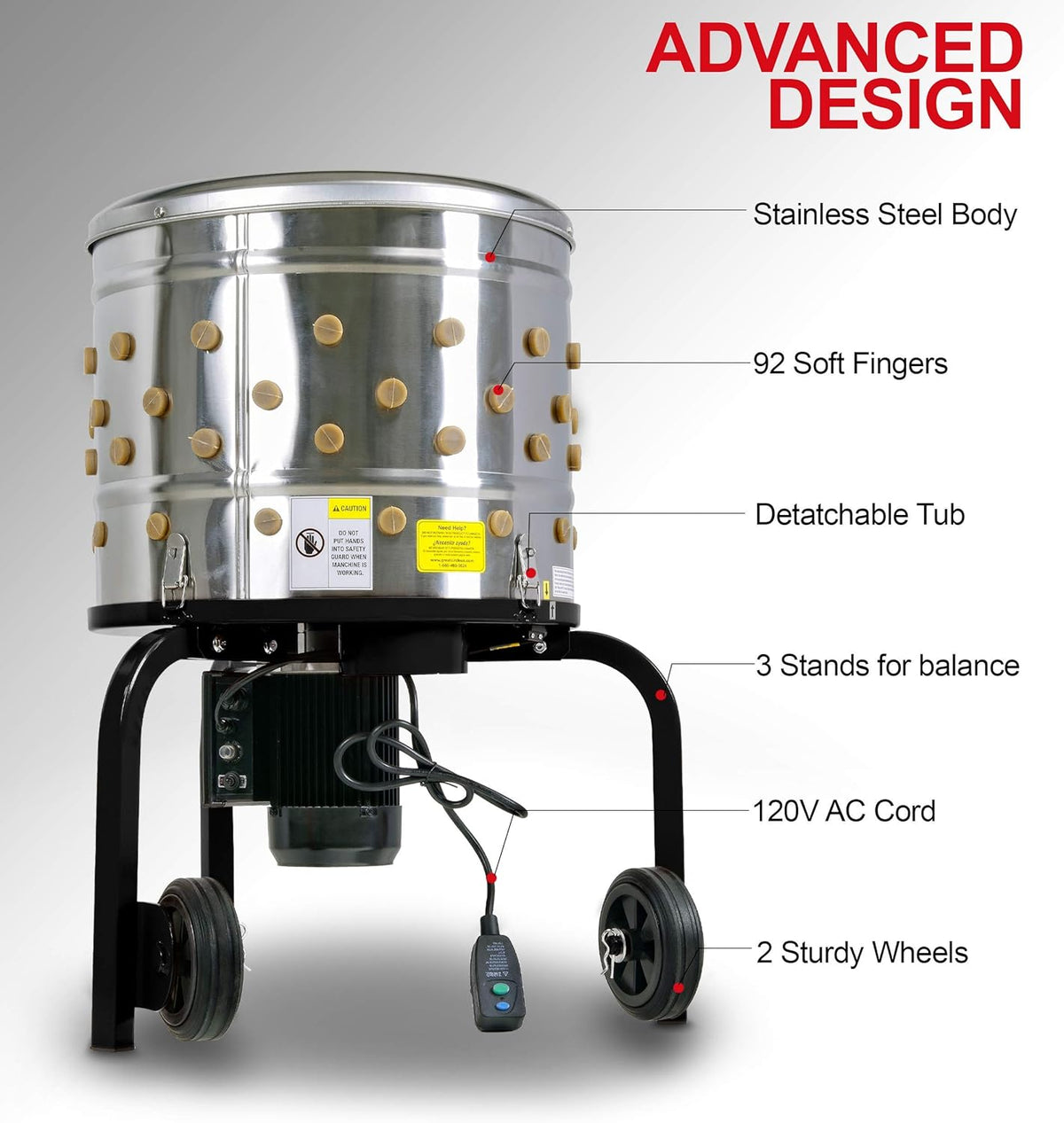 Chicken Plucker Electric Stainless Steel 1HP 120VAC 280RPM 92 Soft Fingers 20" Drum Diameter V3668