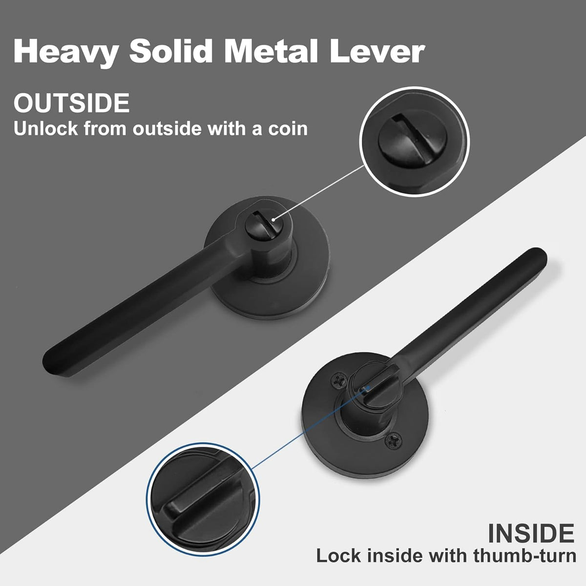 [3 Pack] Matte Black Privacy Door Lever with Removable Latch Plate, All Metal Round Handle K6592