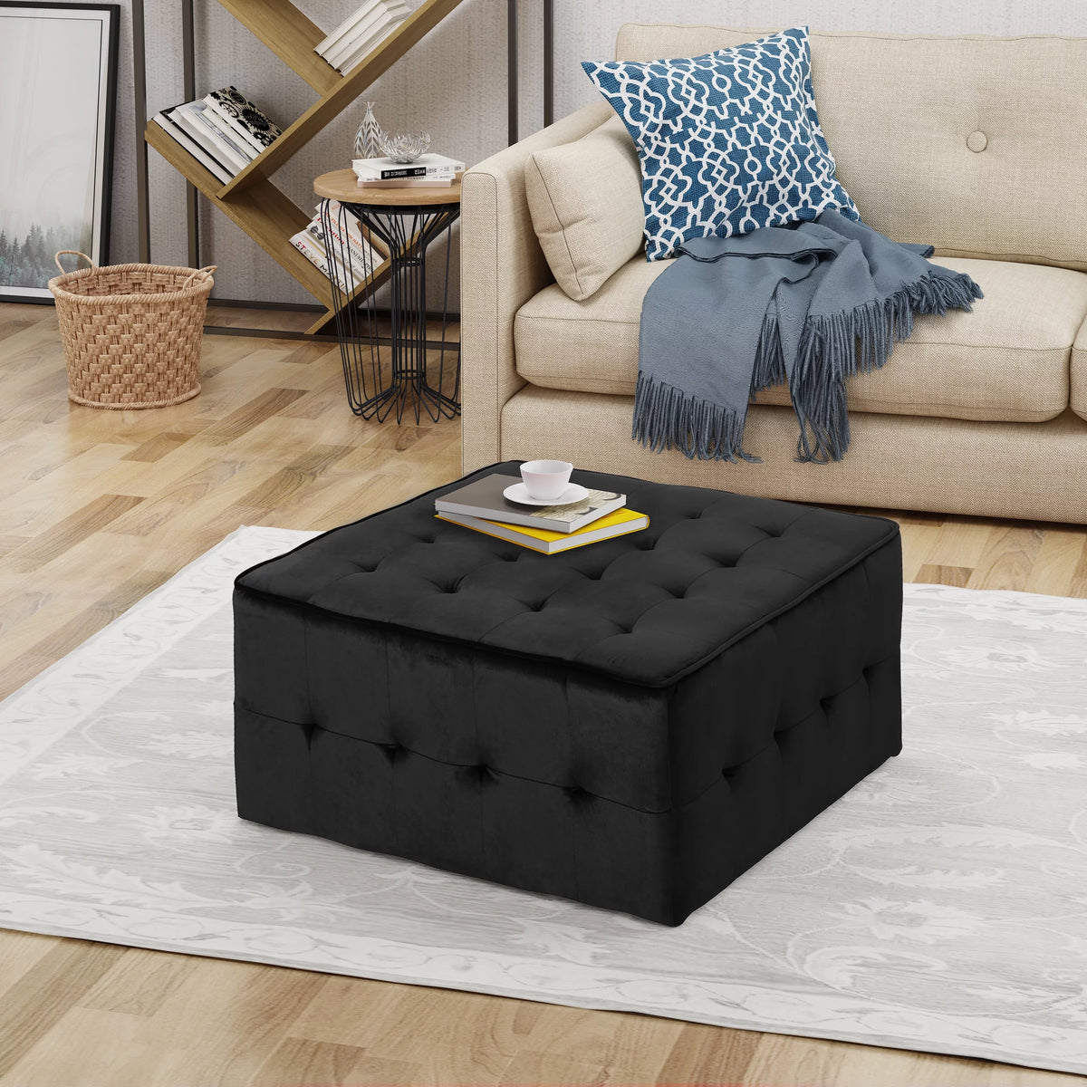 Black Velvet Tufted Ottoman U430