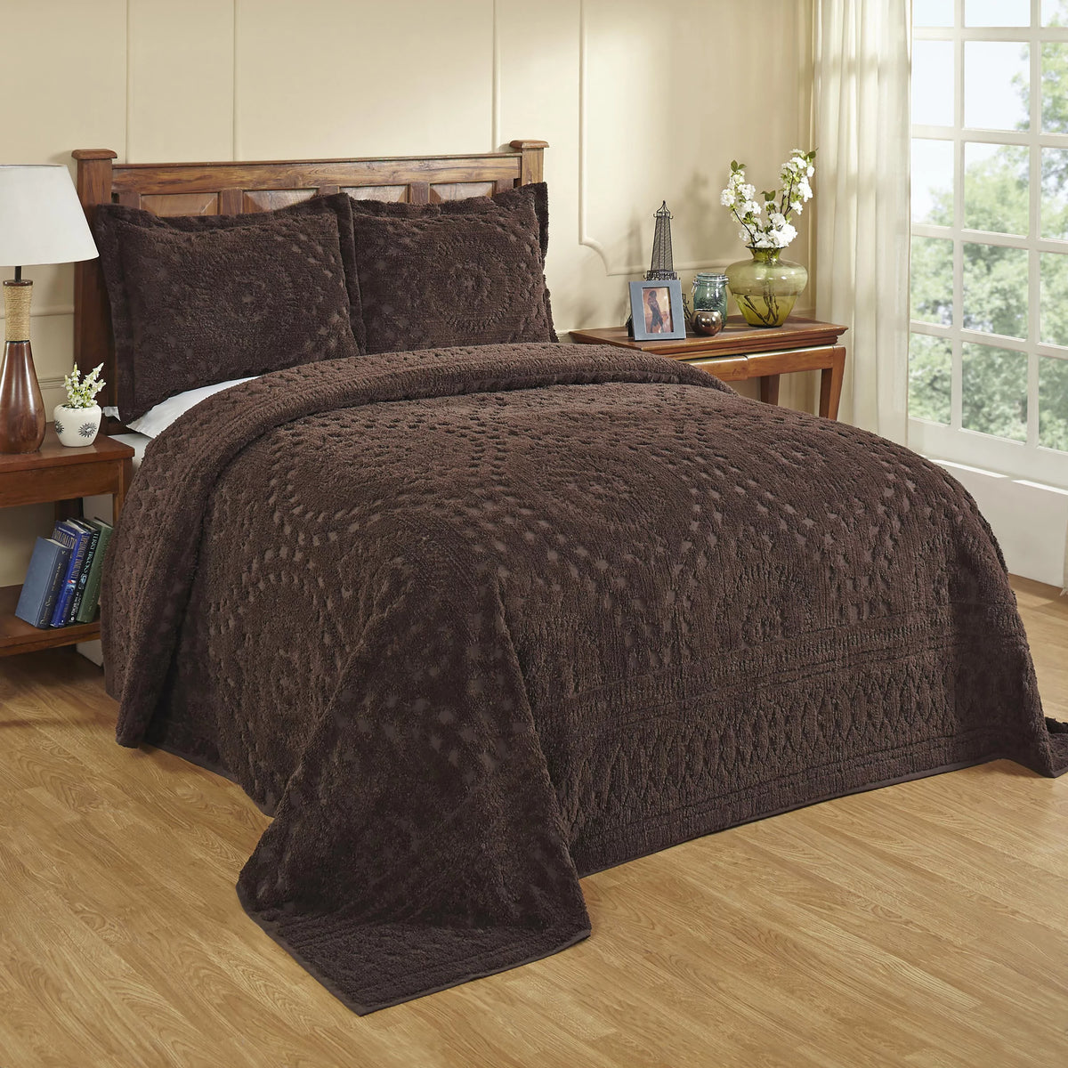 Chocolate Floral Cotton Queen Bedspread Set N466069