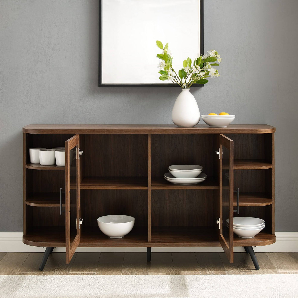 Dark Walnut Curved Edge Glass Door Sideboard I21768