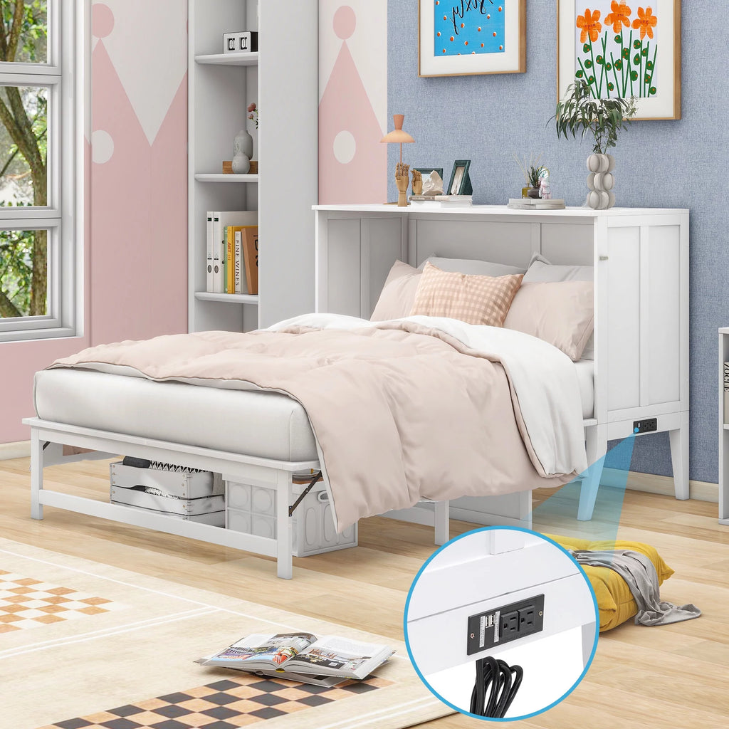 White Queen Size Murphy Bed with Charging Station and Shelf O797