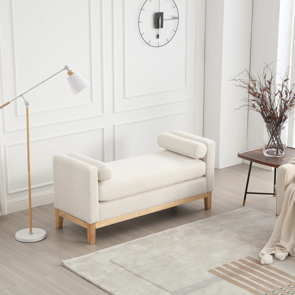 Ivory Upholstered Bench with Wood Legs O712973